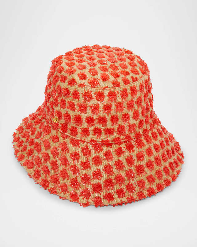 Dotted Raffia Long-Brim Bucket Hat